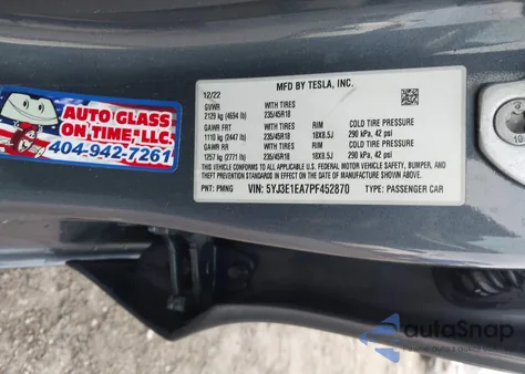 2023 Tesla Model 3 Rear-Wheel Drive z USA, uszkodzony, nr VIN 5YJ3E1EA7PF452870